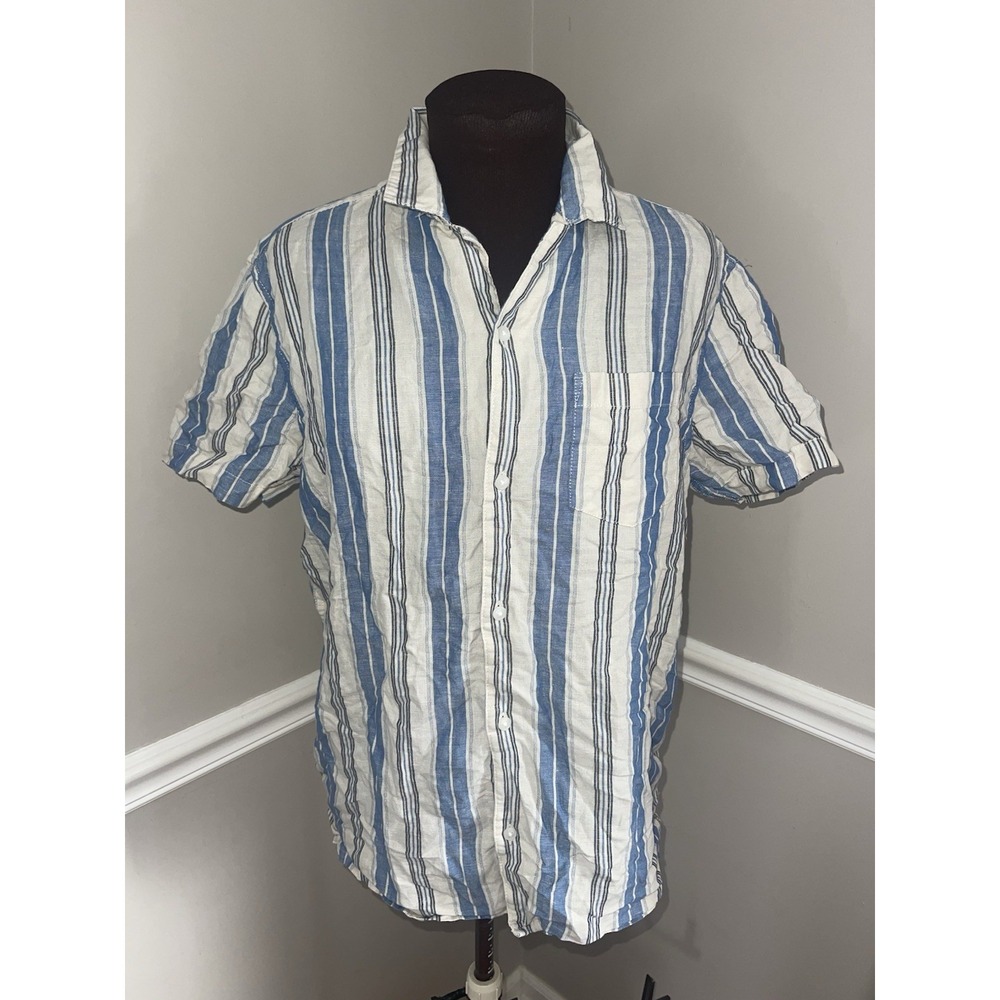 Men's Sonoma Short Sleeve Medium Linen Button-Front Camp Shirt Blue Stripe